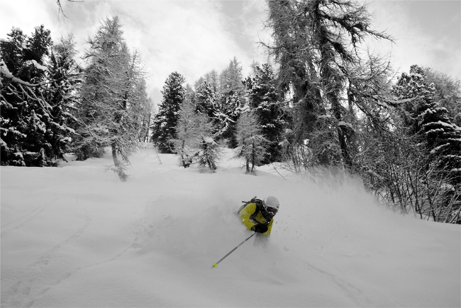 Sam Rochet chez lui, dans les sapins de Montchavin, les Wyatt aux pieds.