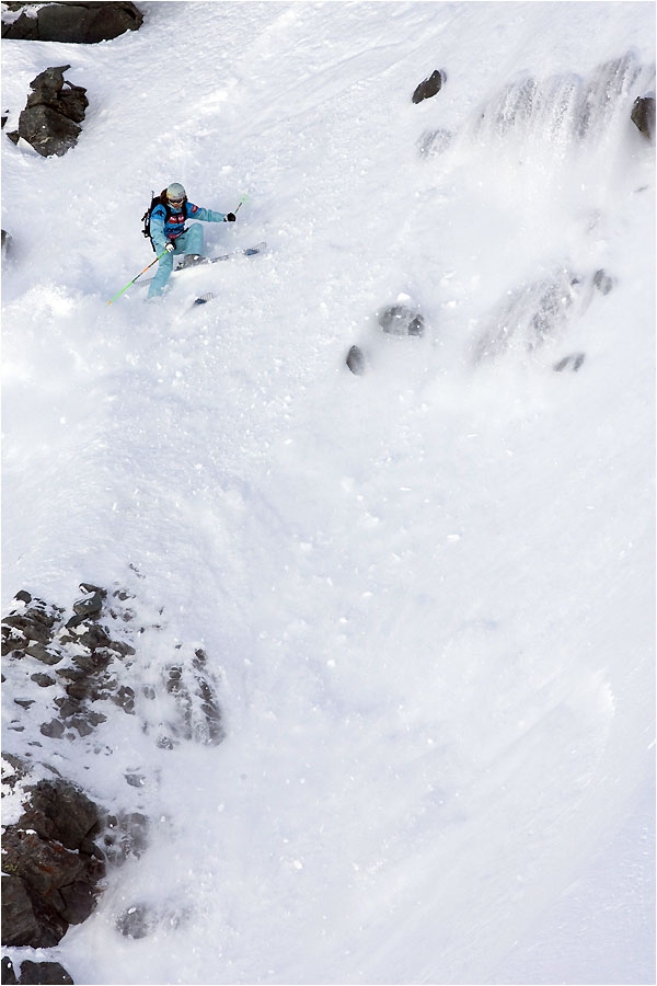Elyse Saugstad, gagnante de l'&eacute;tape de Verbier et du titre de championne du monde de freeride.