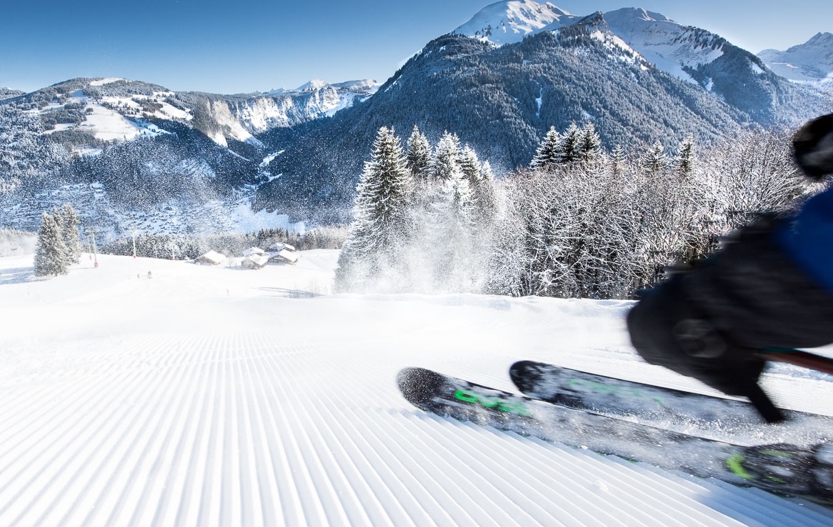 Skieurs sur piste enneigée