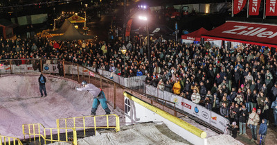 German Leon Gütl freestyle snowboarder wins the last stop and takes the tour victory of the Rock-A-Rail competition at Snowfest The Hague 2024